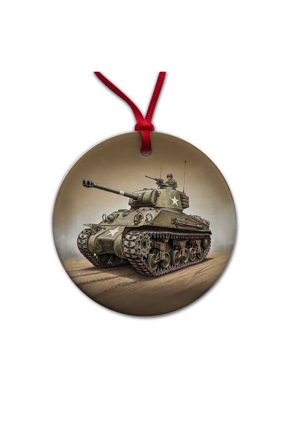 WWII M4 Sherman US Medium Tank Christmas Tree Holiday Round Ceramic Ornament