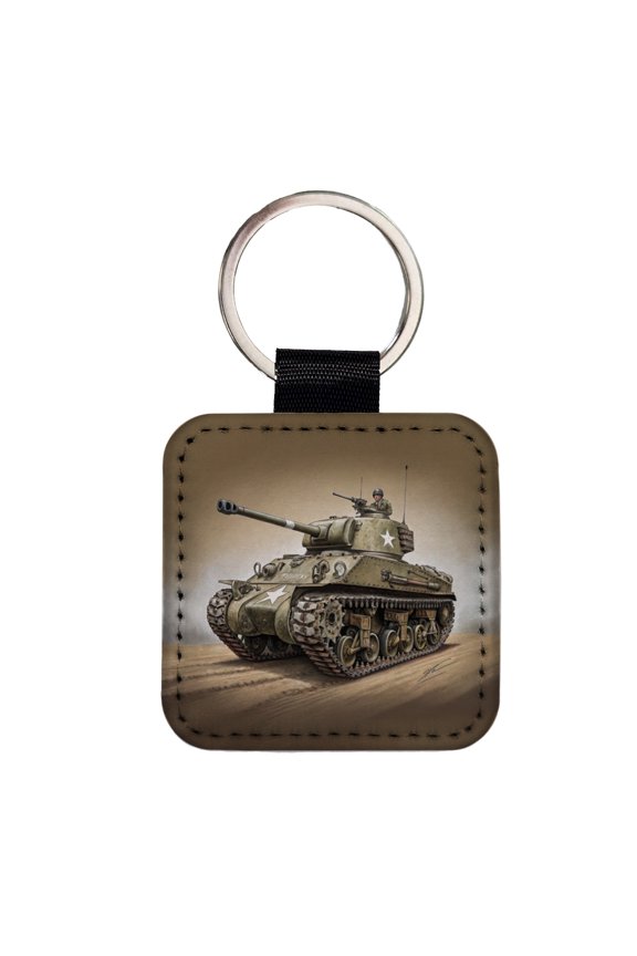 WWII M4 Sherman US Medium Tank Faux Leather Square Keychain