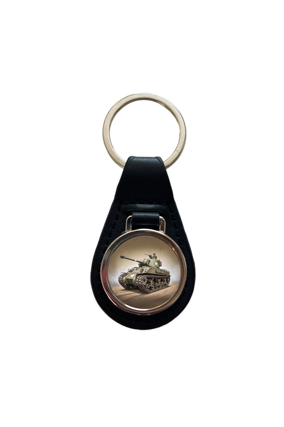 WWII M4 Sherman US Medium Tank Metal Black Leather Keychain