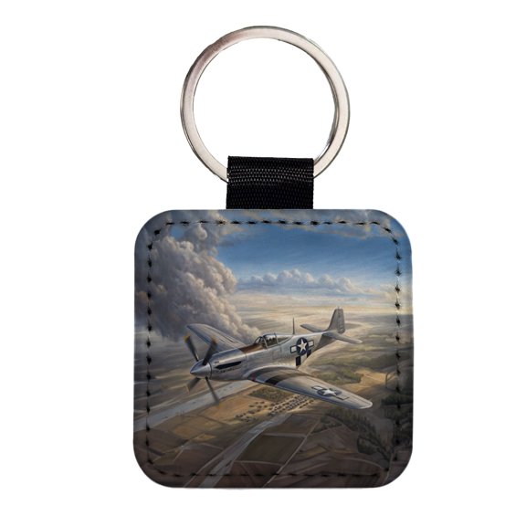 WWII Mustang Fighter Plane In Flight Faux Leather Square Keychain
