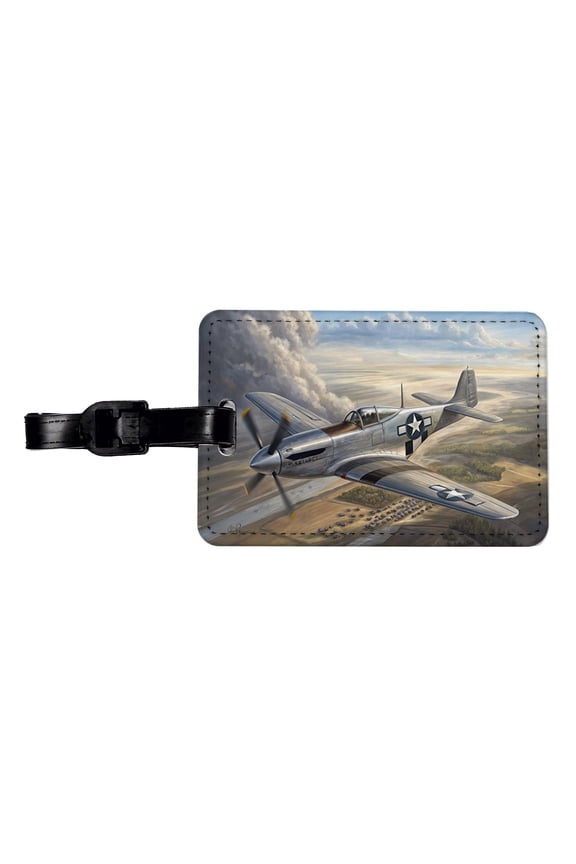 WWII Mustang Fighter Plane In Flight Faux Leather Travel Luggage Tag