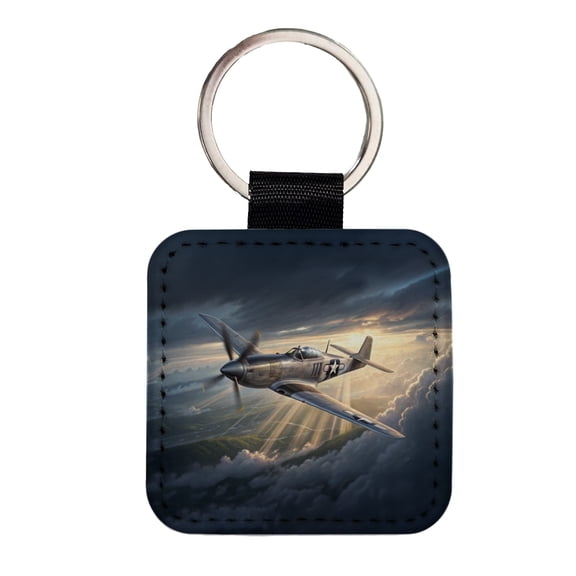 WWII Mustang US Air Force Fighter Plane In Flight Faux Leather Square Keychain