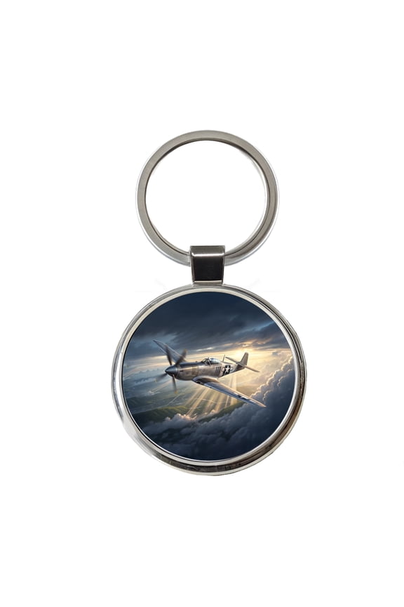 WWII Mustang US Air Force Fighter Plane In Flight Metal Round Keychain