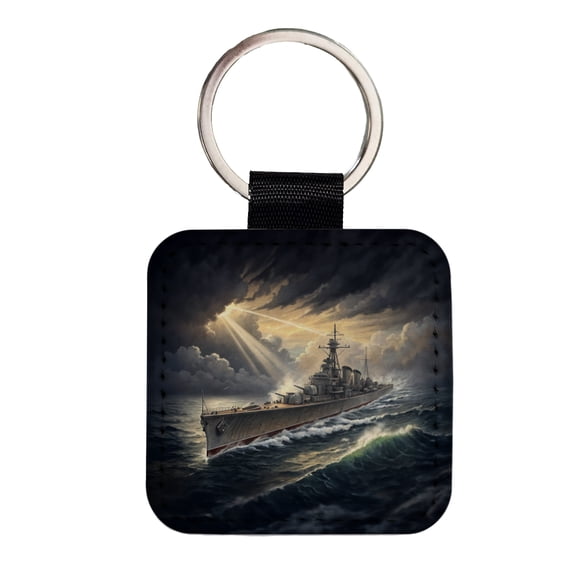 WWII Navy Destroyer After Storm Faux Leather Square Keychain