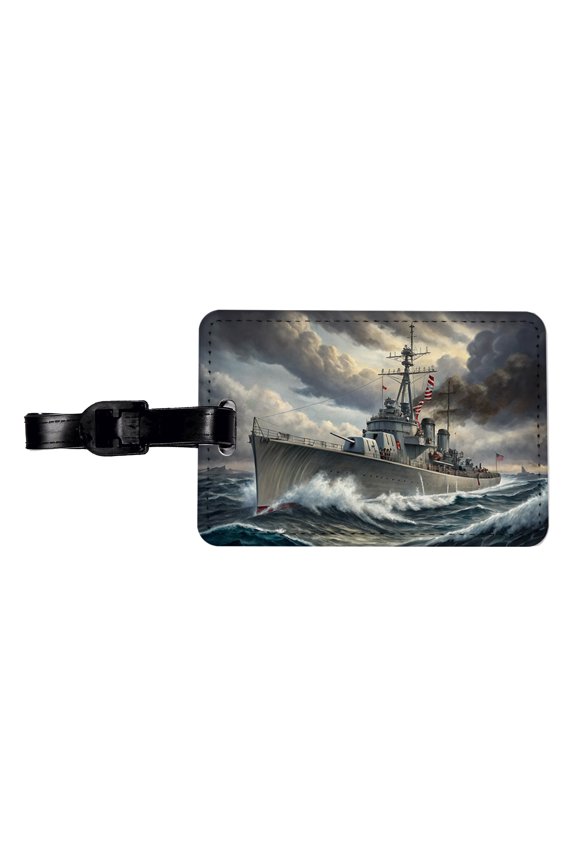 WWII Navy Destroyer Faux Leather Travel Luggage Tag
