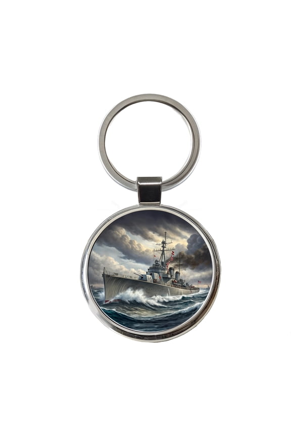 WWII Navy Destroyer Metal Round Keychain