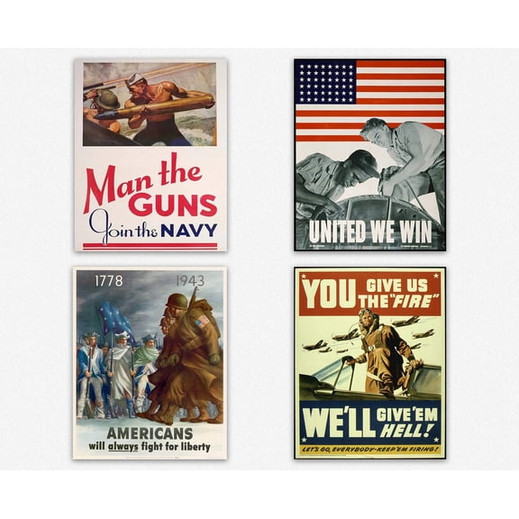 WWII Set-of-4 Quotes Home Decor, Motivational Gift Poster / Bedroom Poster / Home Office Positive Wall Art Framed Posters