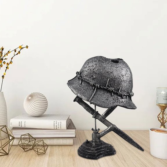WWII Soldier Helmet & Bayonet War Lamp - Resin Table Lamp Statue for Military Enthusiasts, Unique Relic Design, Perfect Gift for History Buffs, Battery Operated, Retro War Decor, 5.9x3.9 inches G