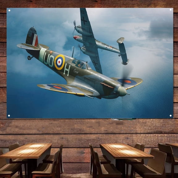 WWII Spitfire Mk.IIb Fighter Plane Poster Canvas Print Art Banner - Attack Aircraft Military Art Works For Air Force Fans - Aviation Hanging Flag Room Man Cave Garage Decor 38" x 57"