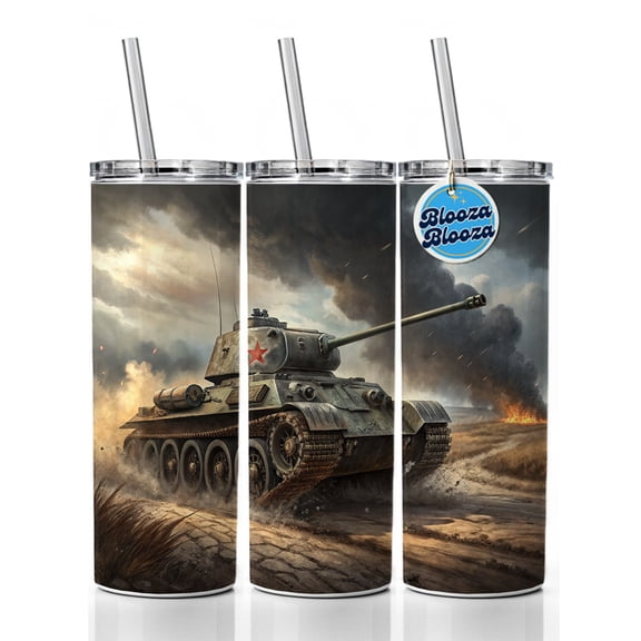 WWII T-34 Russian Medium Tank 20oz Insulated Water Bottle Skinny Tumbler Includes Straw