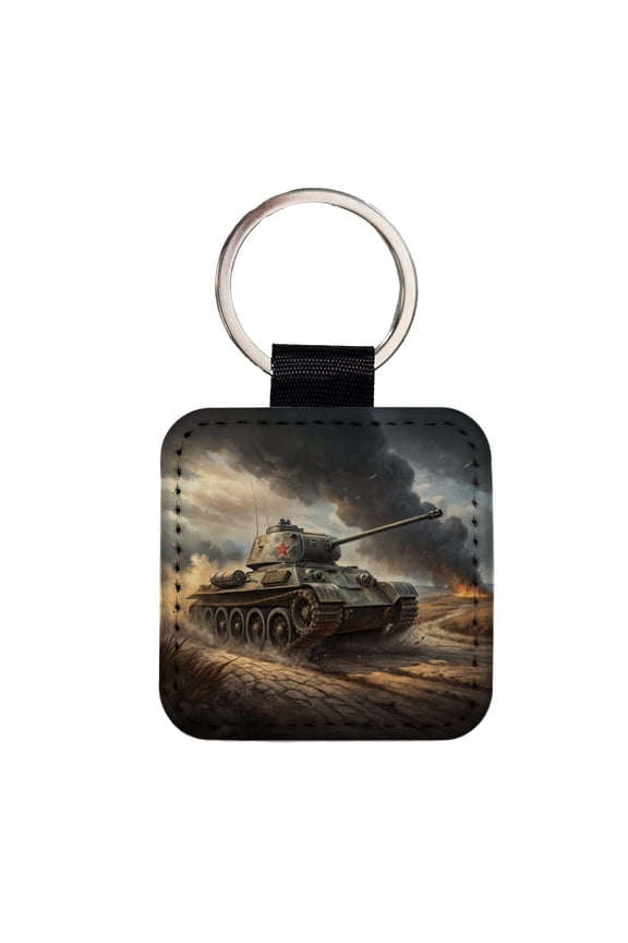 WWII T-34 Russian Medium Tank Faux Leather Square Keychain