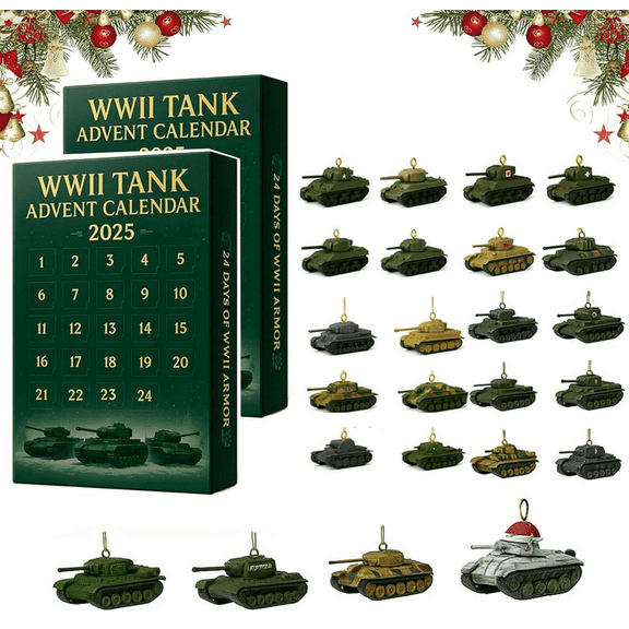 WWII Tank Advent Calendar 2025 with 24 Unique Military Miniature Tank Models Educational Countdown Gift Set for Teens Adults Collectors Holiday Decorations 2PC