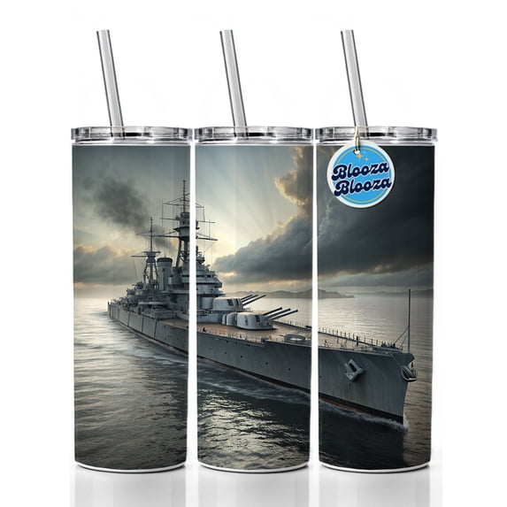 WWII US Navy Battleship At Sea 20oz Insulated Water Bottle Skinny Tumbler Includes Straw
