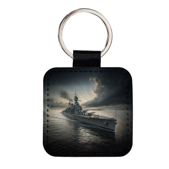 WWII US Navy Battleship At Sea Faux Leather Square Keychain