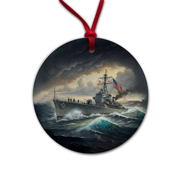 WWII US Navy Destroyer at Sea Christmas Tree Holiday Round Ceramic Ornament