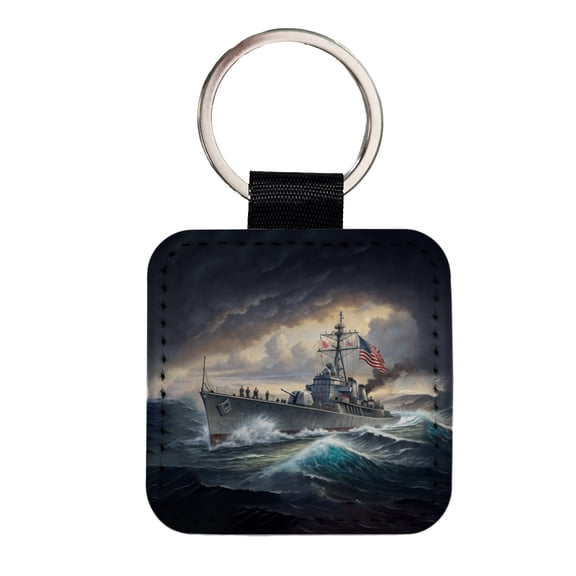 WWII US Navy Destroyer at Sea Faux Leather Square Keychain