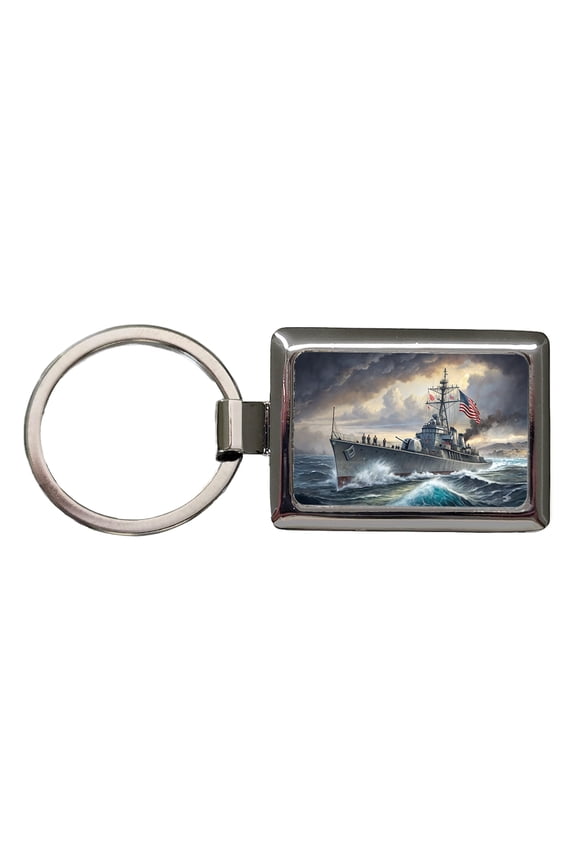 WWII US Navy Destroyer at Sea Metal Rectangle Keychain