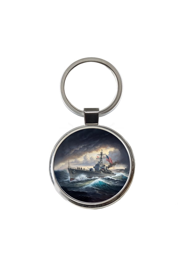 WWII US Navy Destroyer at Sea Metal Round Keychain
