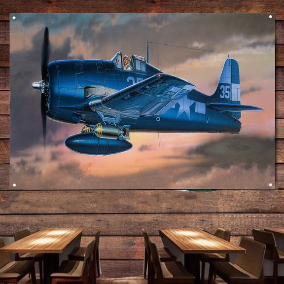 WWII US Navy Fighter F6F-5 Hellcat Banner - Military Wall Art Poster For Room Studio Bedroom - Attack Aircraft Canvas Print Art Work - Fighter Jet Wall Decor 38" x 57"