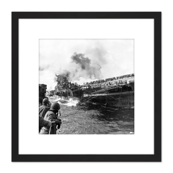 WWII War Attack USS Battleship Franklin 1945 Photo 8X8 Inch Square Wooden Framed Wall Art Print Picture with Mount