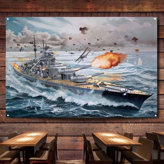 WWII naval battle fighter planes attacking battleship Wall Art Banners Hanging Flags Wall Chart Warship Military Art Poster Canvas Print Art Painting Room Office Home Decor Tapestry,38X57 inches
