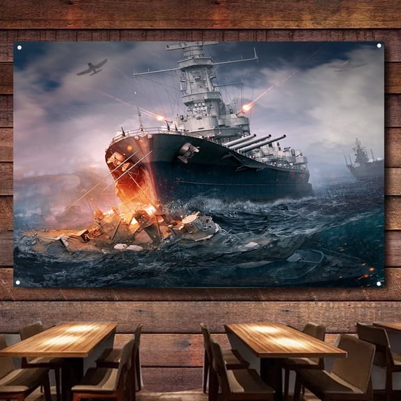 WWII naval battle scenes Battleships Wall Art Banners Hanging Flags Wall Chart Warship Military Art Poster Canvas Print Art Painting Room Office Home Decor Tapestry,38X57 inches