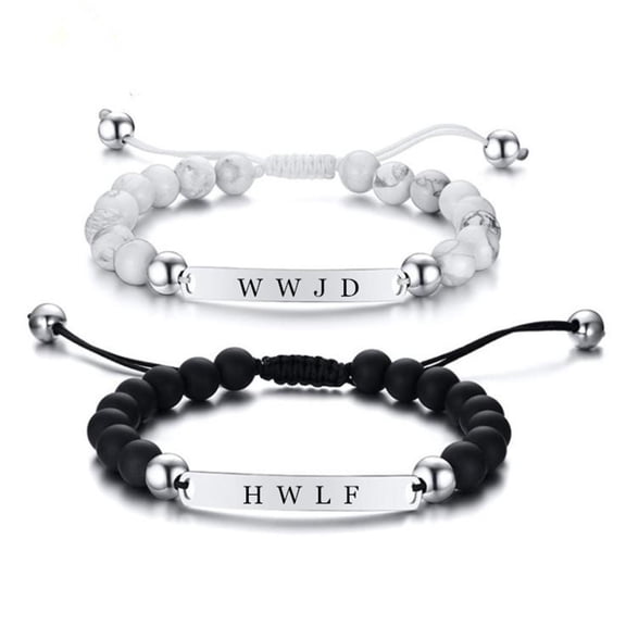 WWJD HWLF Bracelet Set,2Pcs Stainless Steel Adjusted Black White Beaded Onyx What Would Jesus Do He Would Love First Bracelets Inspirational Religious Reminder Jewelry
