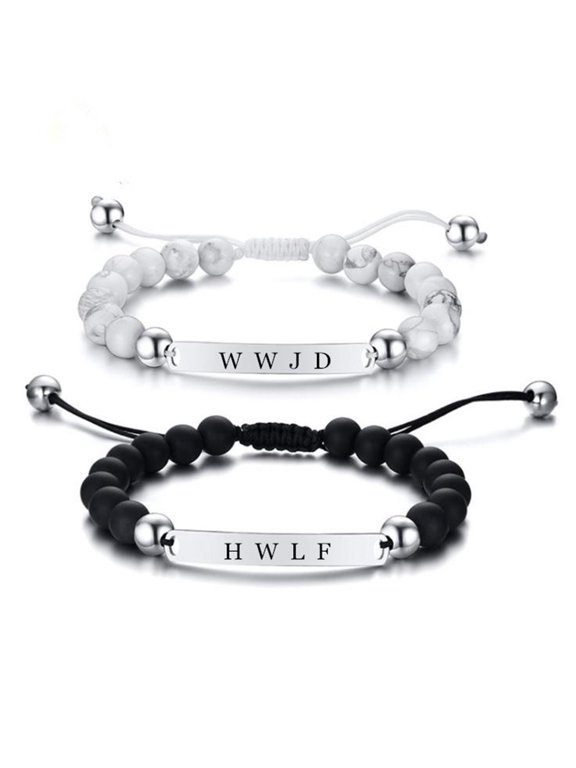 WWJD HWLF Bracelet Set,2Pcs Stainless Steel Adjusted Black White Beaded Onyx What Would Jesus Do He Would Love First Bracelets Inspirational Religious Reminder Jewelry