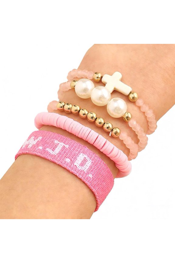 WWJD Multi-Layer Bracelet Set for Women, Faith Cross & Virgin Mary Pendant Beaded Wristbands, Bohemian Stackable Jewelry with Pearl & Clay Beads, Christian Easter Gift