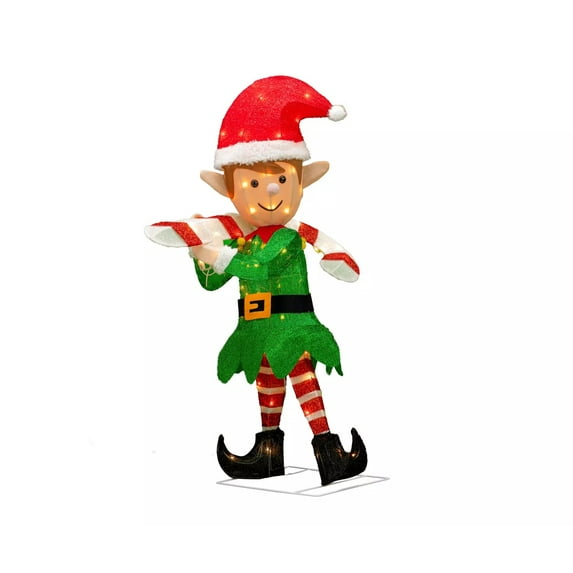 WWL, 38 Inch Tall, Light-Up Holiday Christmas Santa Tinsel Elf with Candy Cane, Pre-Lit 70 Clear LEDs