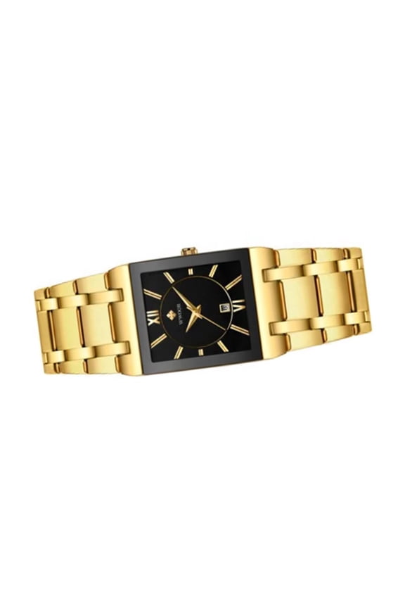 Men's Fashion Rectangular Dial Analog Quartz Wristwatch, Business Waterproof Calendar Watch with Stainless Steel Band, Precise Timekeeping, Ideal Gift for Him, Black and Gold