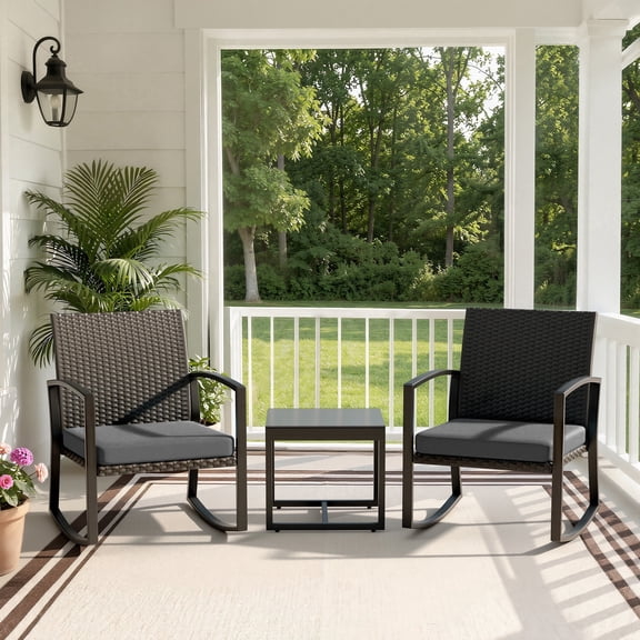 Rocking Patio Bistro Sets 3 Piece - All-Weather - Conversation Furniture Set, Wicker Rattan Outdoor Front Porch Chair for Balcony, Porch, Garden, Backyard, Poolside