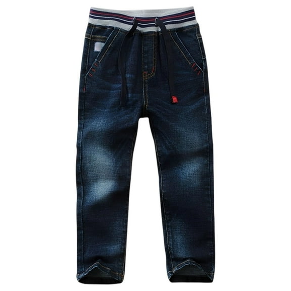 Generic Boys Pull On Jeans Baggy Straight Leg Elastic Waist toddler Kid Boy Elastic Mid Waist Washed Full Length Straight Pants Denim Jeans 13-14 Years