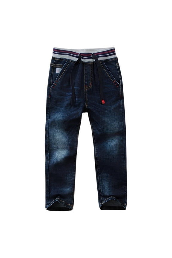 Boys Pull On Jeans Baggy Straight Leg Elastic Waist toddler Kid Boy Elastic Mid Waist Washed Full Length Straight Pants Denim Jeans 5-6 Years