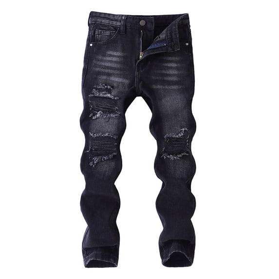 Generic Boys Stacked Distressed Jeans High Street Fashion Casual Long Pants for Kids Comfortable Elastic Waist Stylish Tear Design Durable Denim Trousers 13-14 Years
