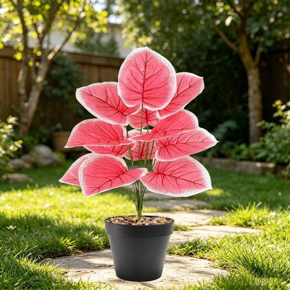 WWV Artificial Potted Plants Faux Palm Decorative Tropical Leaf Realistic Low Maintenance Home Office Desk Living Room Shelf Kitchen Balcony Decoration Pink