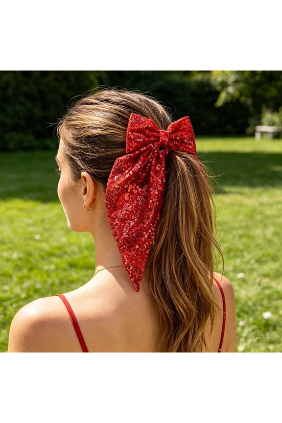 Bow Hair Clip Sequined Spring Ribbon Back Stylish Hair Accessory Women Girls Party Festival Fashion Barrette Daily Look Gift Red