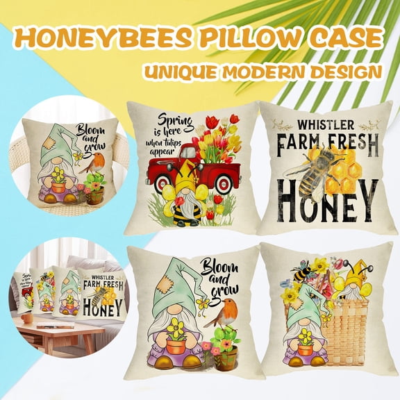 WWV Bumble Bee Decorative Cushion Cover Set 4 Pack 18x18 Inch Linen Look Throw Pillow Covers with Hidden Zipper for Sofa Couch Bedroom Spring Summer Decor Covers Only