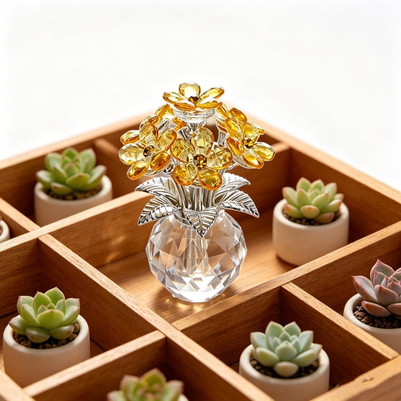 WWV Crystal Mini Flower Vase Sparkly Glass Floral Figurine Tabletop Car Ornament Handcrafted Whimsical Desk Shelf Accent Birthday Gift Home Office Decor Yellow
