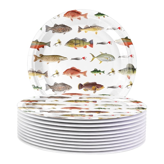WWV Fishing Theme Disposable Party Tableware Set Birthday Paper Plates Cups Napkins Coordinated Disposable Table Decorations Nautical Fishing Motif Includes Full Set 1 Pack