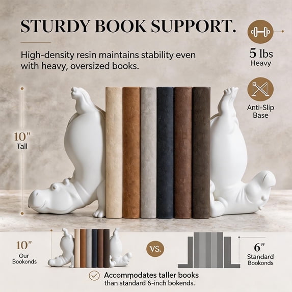 WWV Fun Acrobatic Hippo Bookends Set Heavy Duty Resin 10 Inch Tall Modern Sculptural Holder for Shelves Desk Home Office Decor Gift Surprise Gift for Family Friends 1 Pair