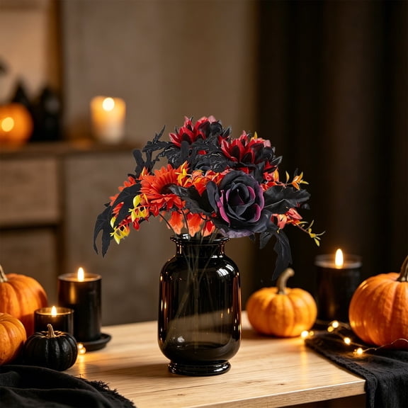 WWV Halloween Artificial Flower Bouquet Black Orange Rose Sunflower Dahlia Arrangement for Gothic Party Vase Table Centerpiece Home Seasonal Decor Gift for Family