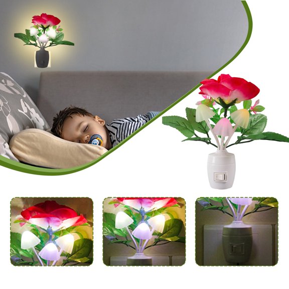 WWV Plug In Color Changing LED Flower Night Light Dream Lamp with Button Switch Soft Glow for Kids Room Nursery Bedroom Hallway Stairway Energy Saving 1 Piece