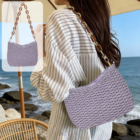 WWV Woven Shoulder Bag Ladies Handbag with Chain Strap Storage Tote for Beach Commuting Travel Shopping and Casual Outings,9.45x7.09x2.76in Purple