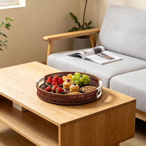 WWV Woven Storage Tray Imitation Woven Serving Basket Decorative Woven Look Fruit Table Storage Basket for Home Kitchen Countertop Snack Organization and Serving Brown