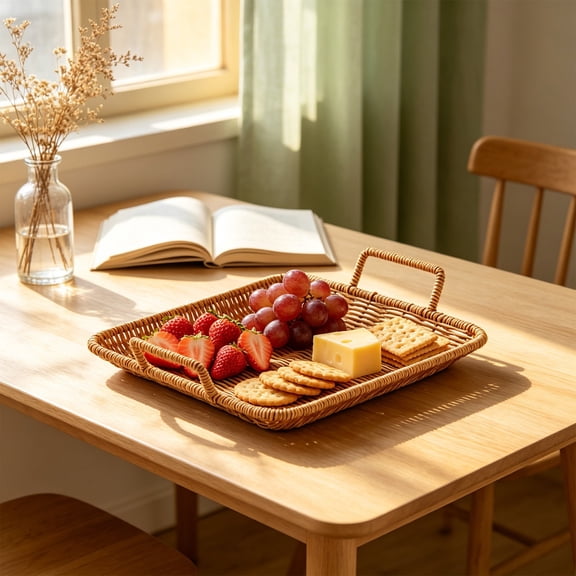 WWV Woven Tray Imitation Woven Handmade Rectangular Countertop Serving Trays with Cutout Handles,Rustic Decorative Rattan Woven Platter Holding Breakfast,Fruits,All Dish and Table Accessories Yellow