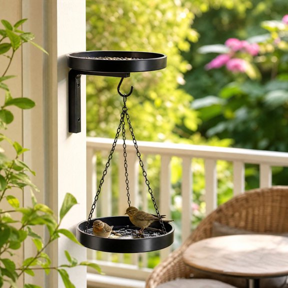 WWV Wrought Iron Hanging Bird Feeder Stand Double Layer Outdoor Bird Bath Basin and Planter Holder 19.69 Inch for Garden Patio Balcony Yard Decor Gift for Grandparents Parents