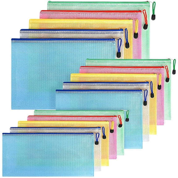 WWW A4+A5+A6 Plastic Zip Wallets Folder, 15PCS Mesh Zipper Pouch Document Wallet, A4+A5+A6 Zipper File Folders, Zip Lock Bags for School Office Household Travel Supplies