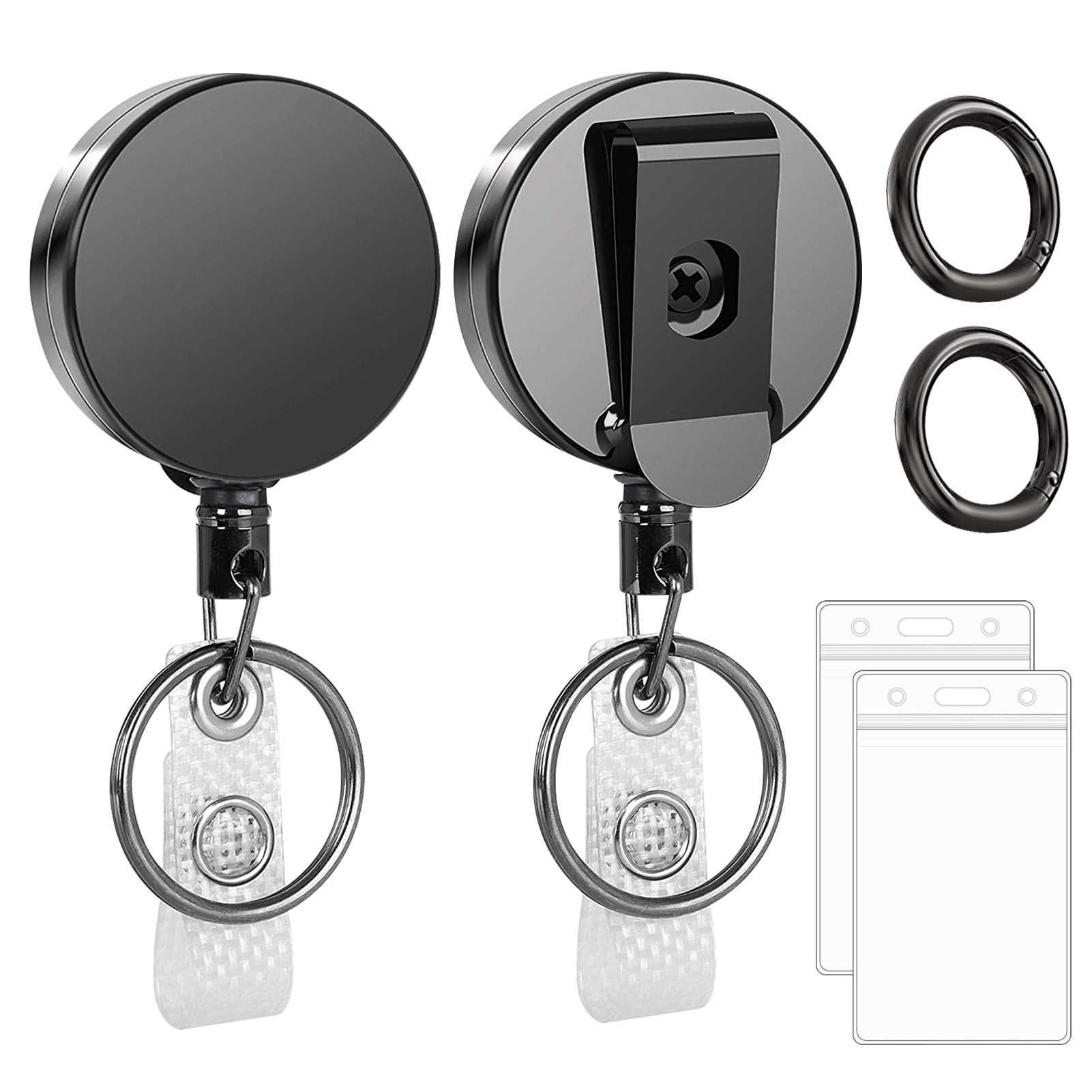 2 Pack Heavy Duty Retractable Badge Holder Reels, Metal ID Badge Holder  with Belt Key Ring for Name Card Keychain 