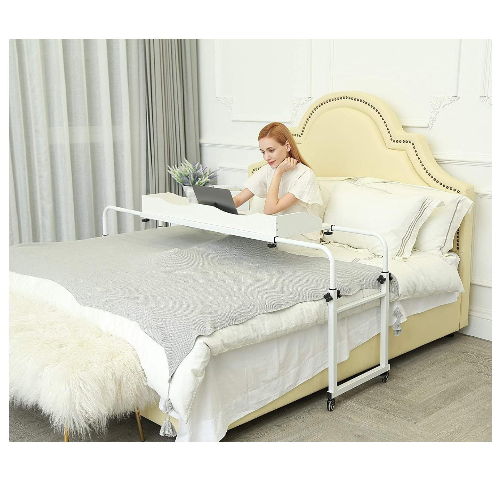 WWXBTM Adjustable Overbed Table with Wheels, Perfect for Full/Queen